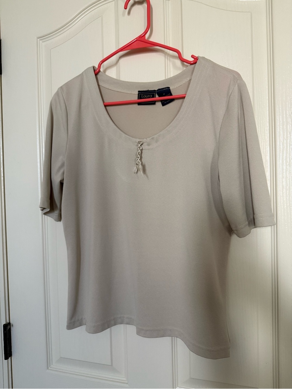 Laura Scott Light Cream Short-Sleeve Scoop Neck Top with Tassel